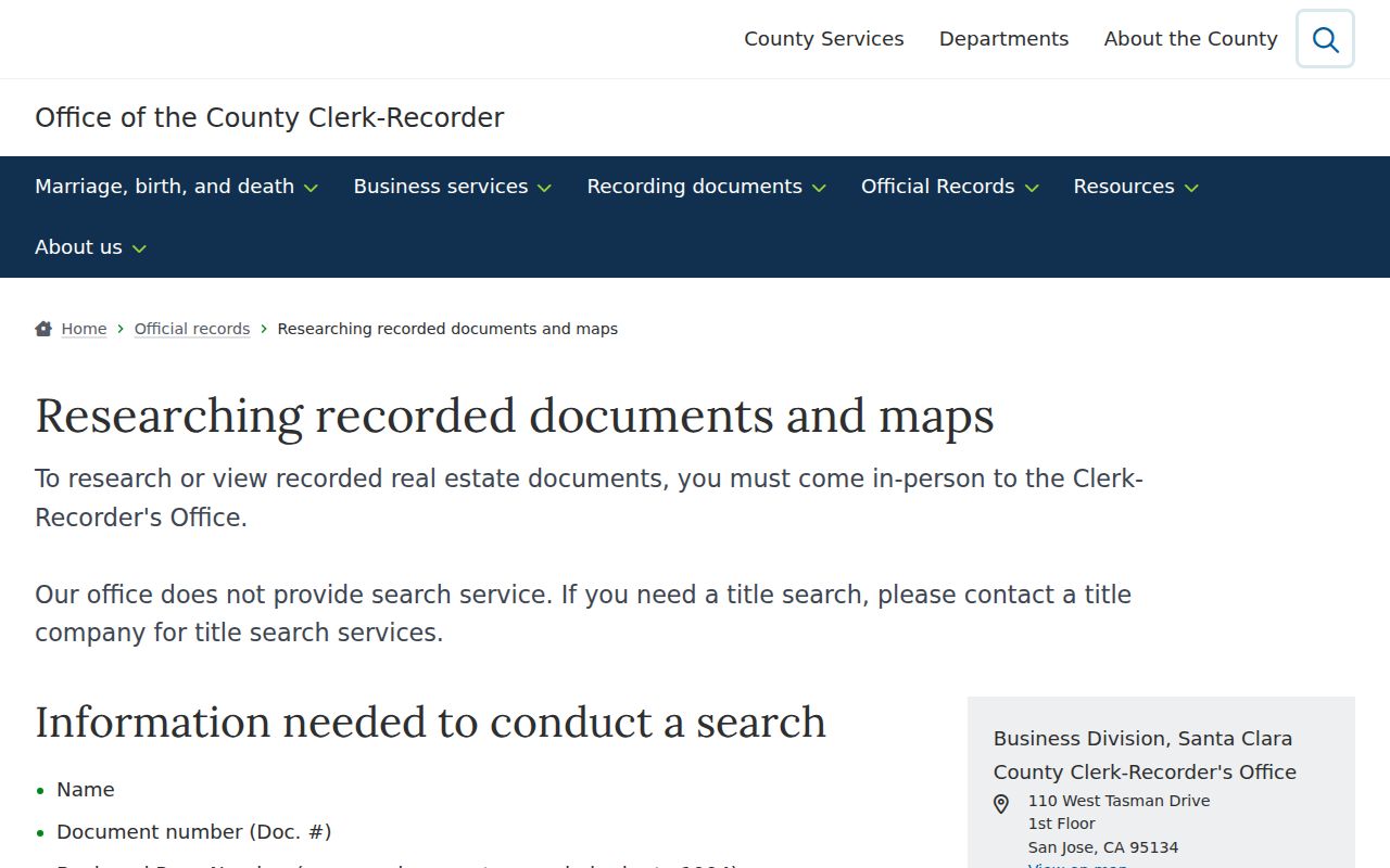 Saratoga public records instructions for Clerk-Recorder document research