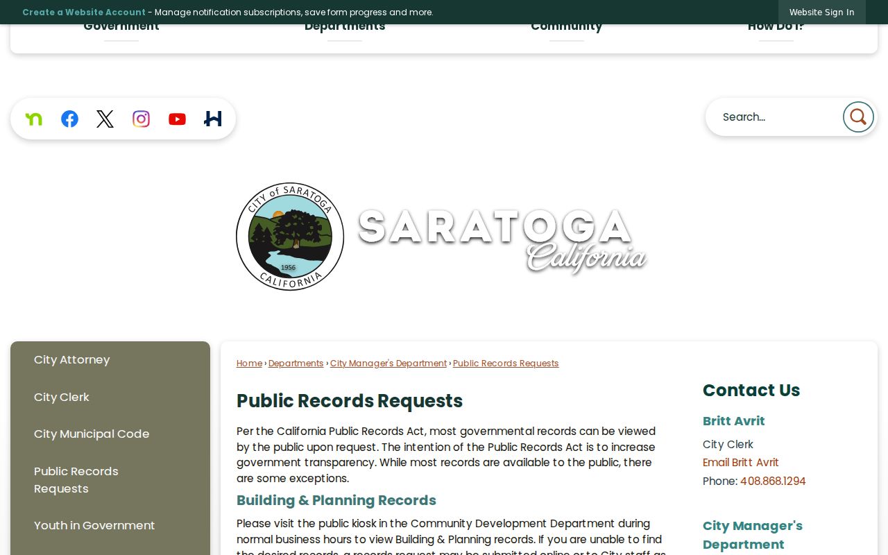 Saratoga public records request instructions and access channels
