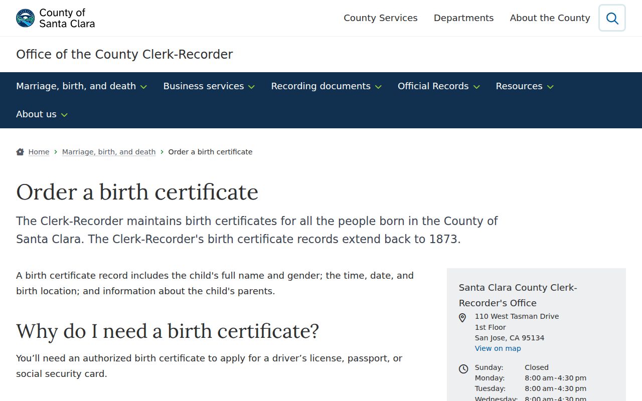 Saratoga public records birth certificate ordering page