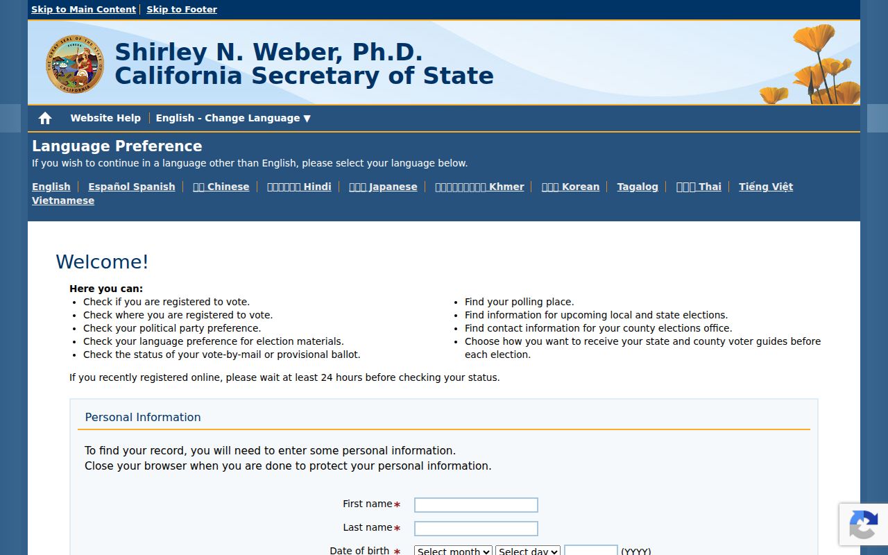 Saratoga voter registration records lookup on California My Voter Status